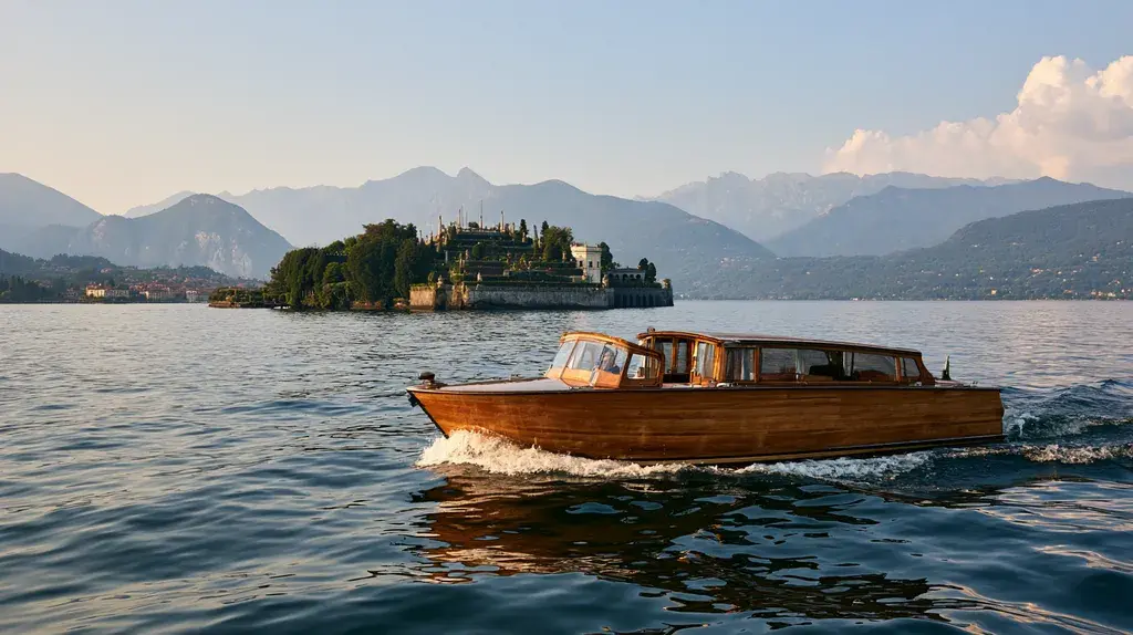 Wooden launch crossing Lake Maggiore in Italy, seamless luxury travel logistics