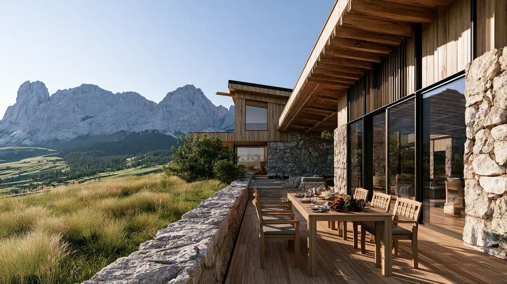 Contemporary mountain hotel terrace in the Swiss Alps, a luxury hotel and private retreat